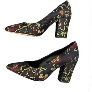 Antonio Melani Gold, Navy, Maroon Floral Jacquard Chunky HeelPumps,